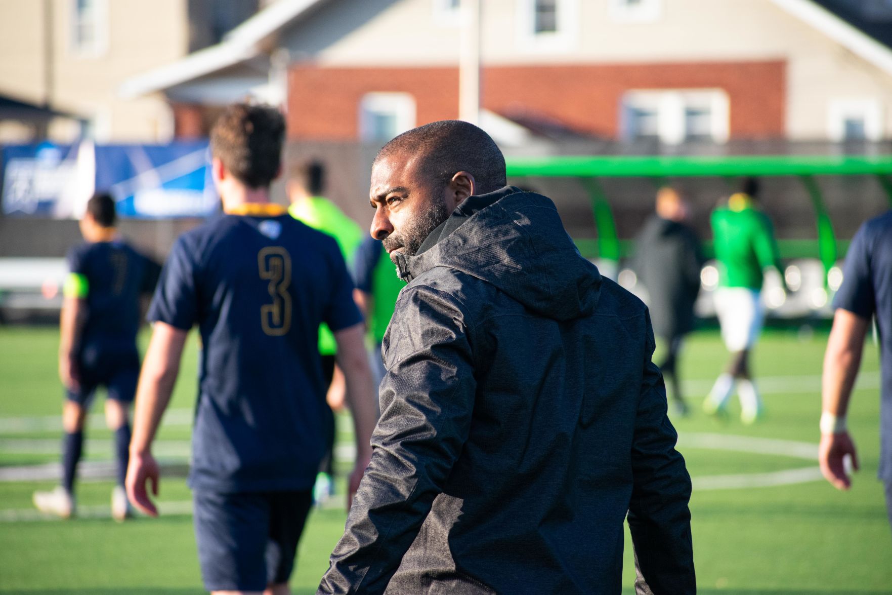 West Virginia head coach Marlon LeBlanc looks toward the stands following Marshall's 2-1 victory over WVU at Hoops Family Field on Nov. 24, 2019.